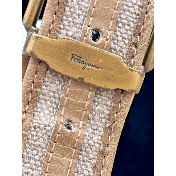 Vintage Salvatore Ferragamo Italy Mens Belt Tan Tweed Leather Brass Buckle 36-38 - Picture 2 of 14